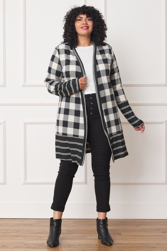 Chic buffalo plaid open cardigan with stylish stripe trim