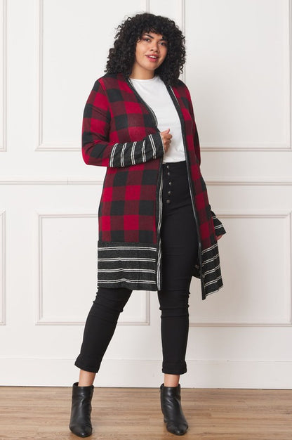 Chic buffalo plaid open cardigan with stylish stripe trim