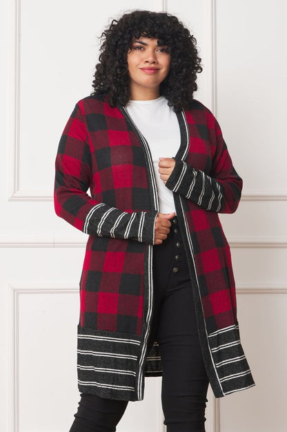 Chic buffalo plaid open cardigan with stylish stripe trim