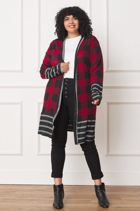 Chic buffalo plaid open cardigan with stylish stripe trim