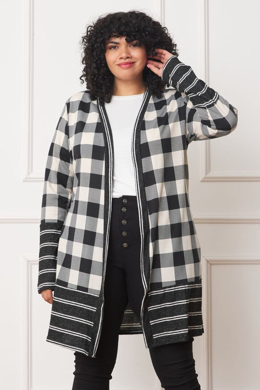 Chic buffalo plaid open cardigan with stylish stripe trim