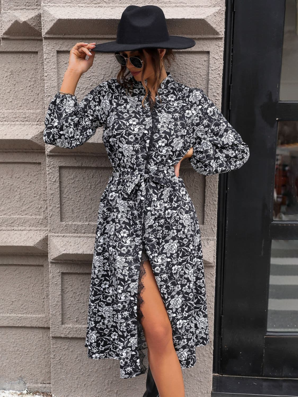 Lace Detail Printed Long Sleeve Midi Dress.