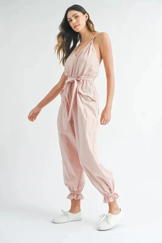 MABLE Washed Fabric Spaghetti Strap Waist Belted Jumpsuit Coco’s Tee Boutique