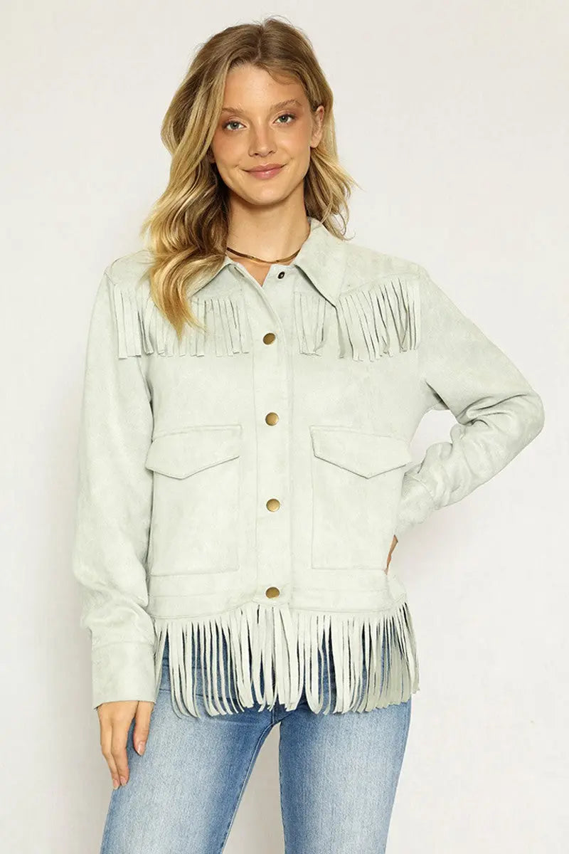 Western Fringe Faux Suede Jacket With Front Pockets And Lining Miss Sparkling