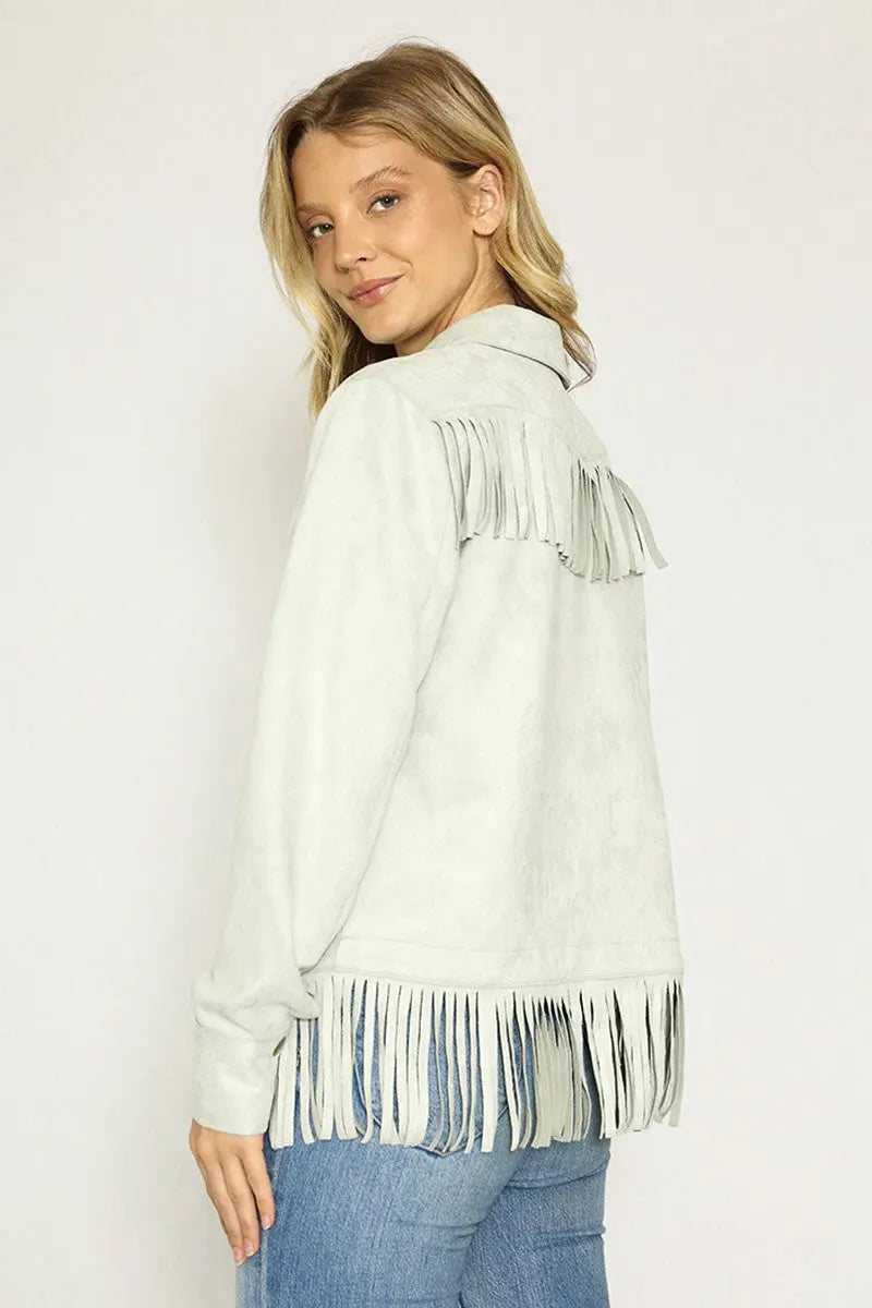 Western Fringe Faux Suede Jacket With Front Pockets And Lining Miss Sparkling