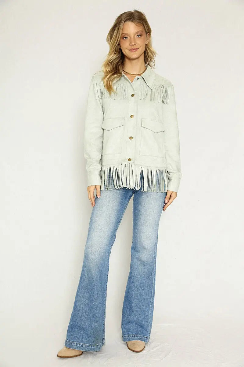 Western Fringe Faux Suede Jacket With Front Pockets And Lining Miss Sparkling