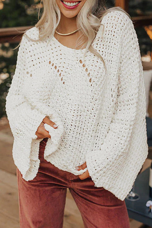 White Hollowed Detail Wide Sleeve Loose Pullover Sweater Dear-Lover Dropshipping