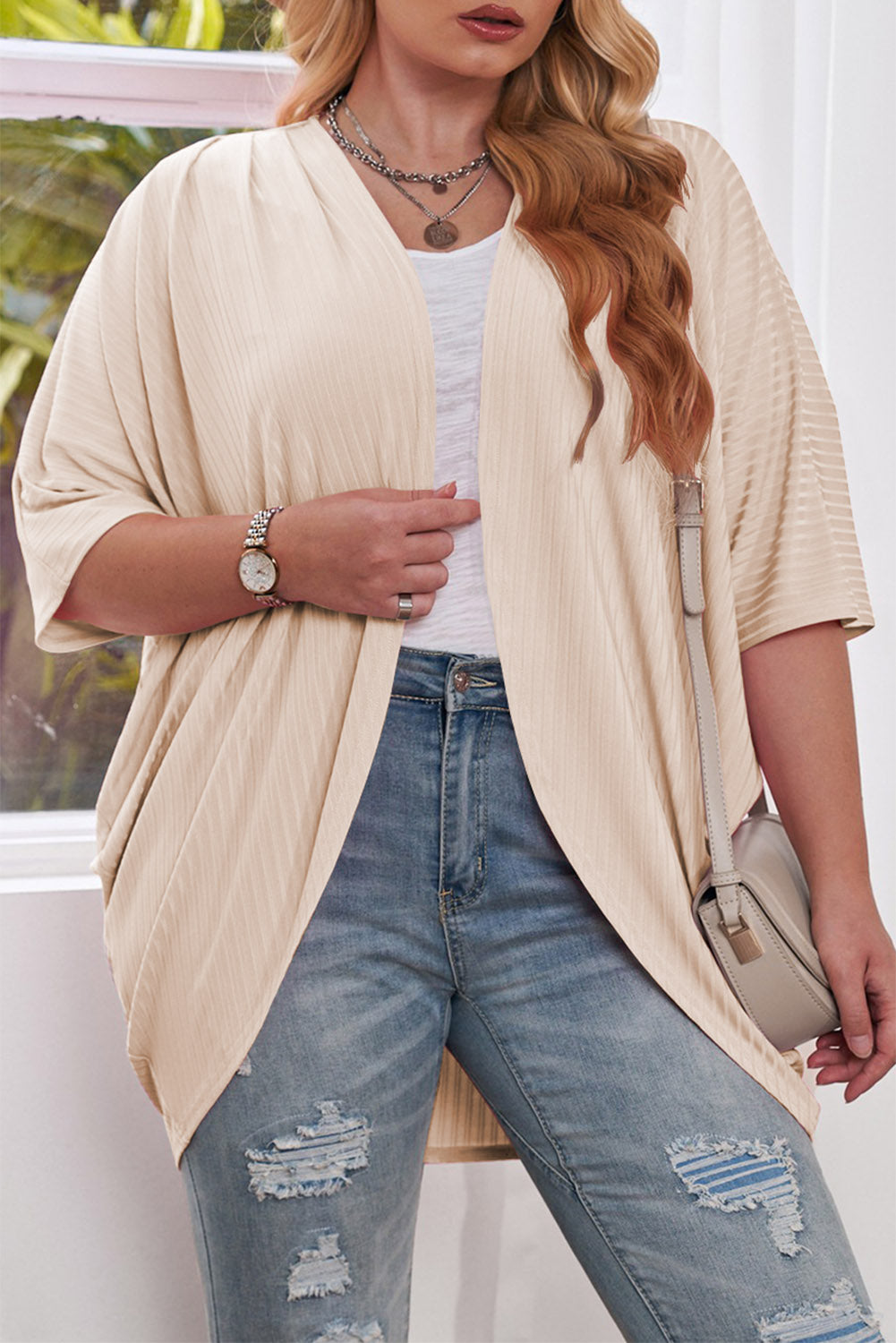 Apricot shimmer ribbed texture cardigan for plus sizes