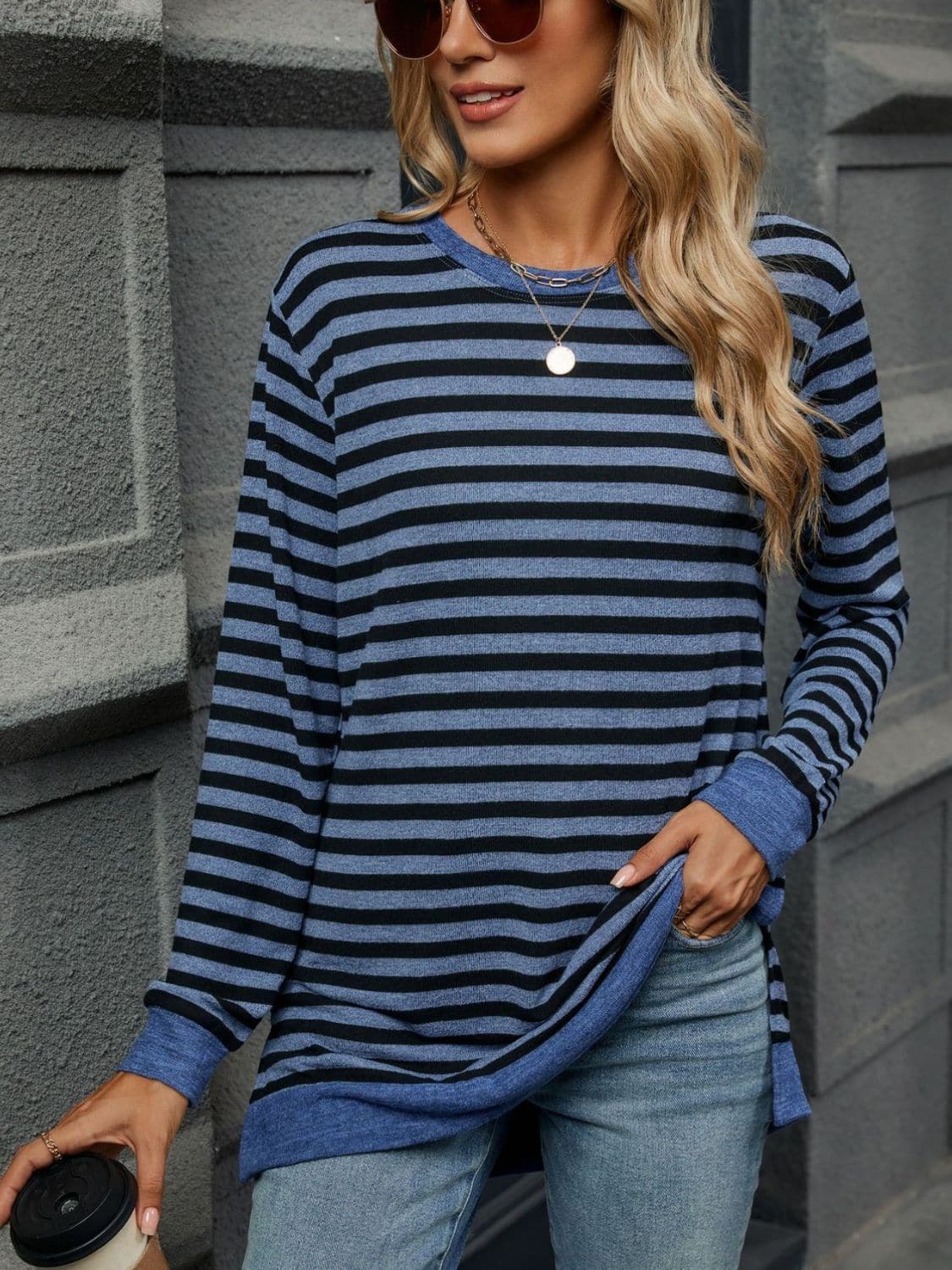 Striped Round Neck Long Sleeve T-Shirt.