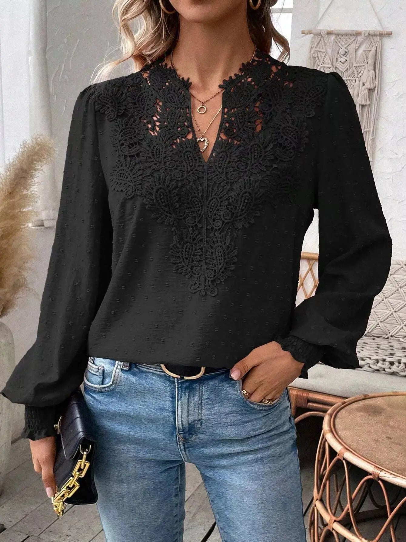 Lace Trim Long Sleeve Blouse Simply Love