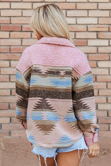 Cozy pink Aztec print sherpa coat with flap pockets