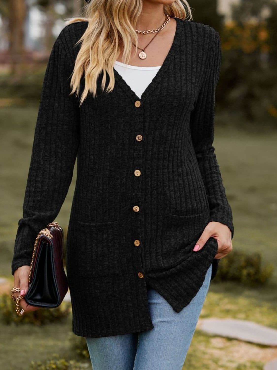 Ribbed Button Up Long Sleeve Cardigan.