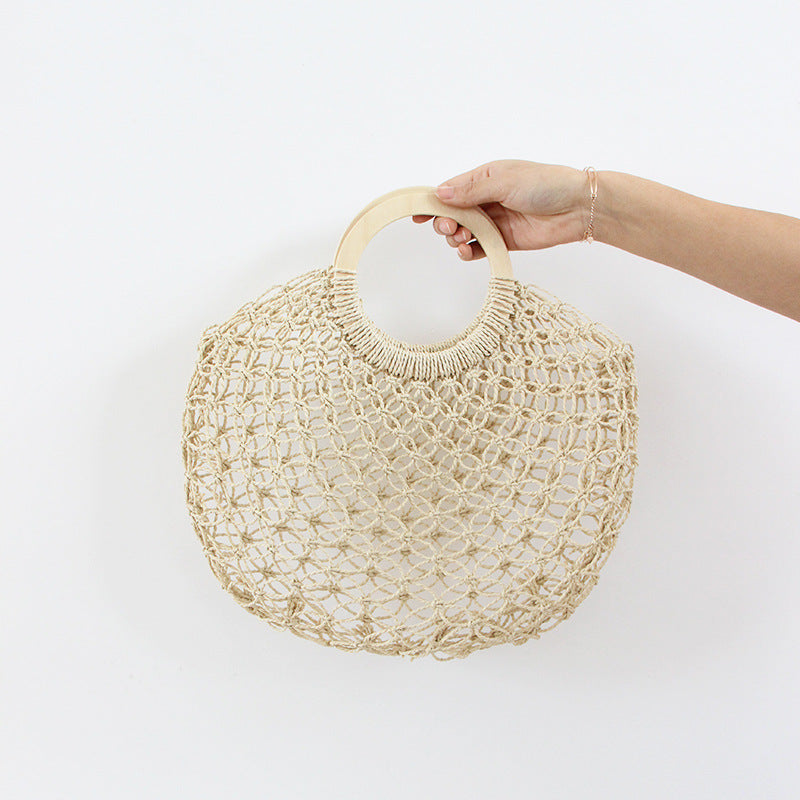 Hollow Out Cutout Straw Bag Fairy Mesh Woven Bag round Wooden Handle Casual Hand Holding Women Bag Beach Bag Bella Mia