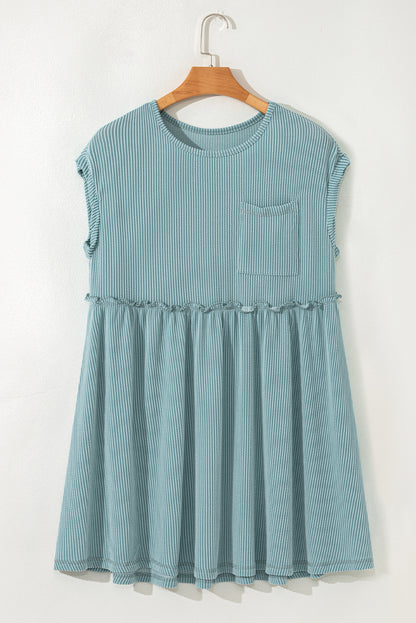 Canton Corded Knit Textured Patched Pocket Frilled Mini Dress