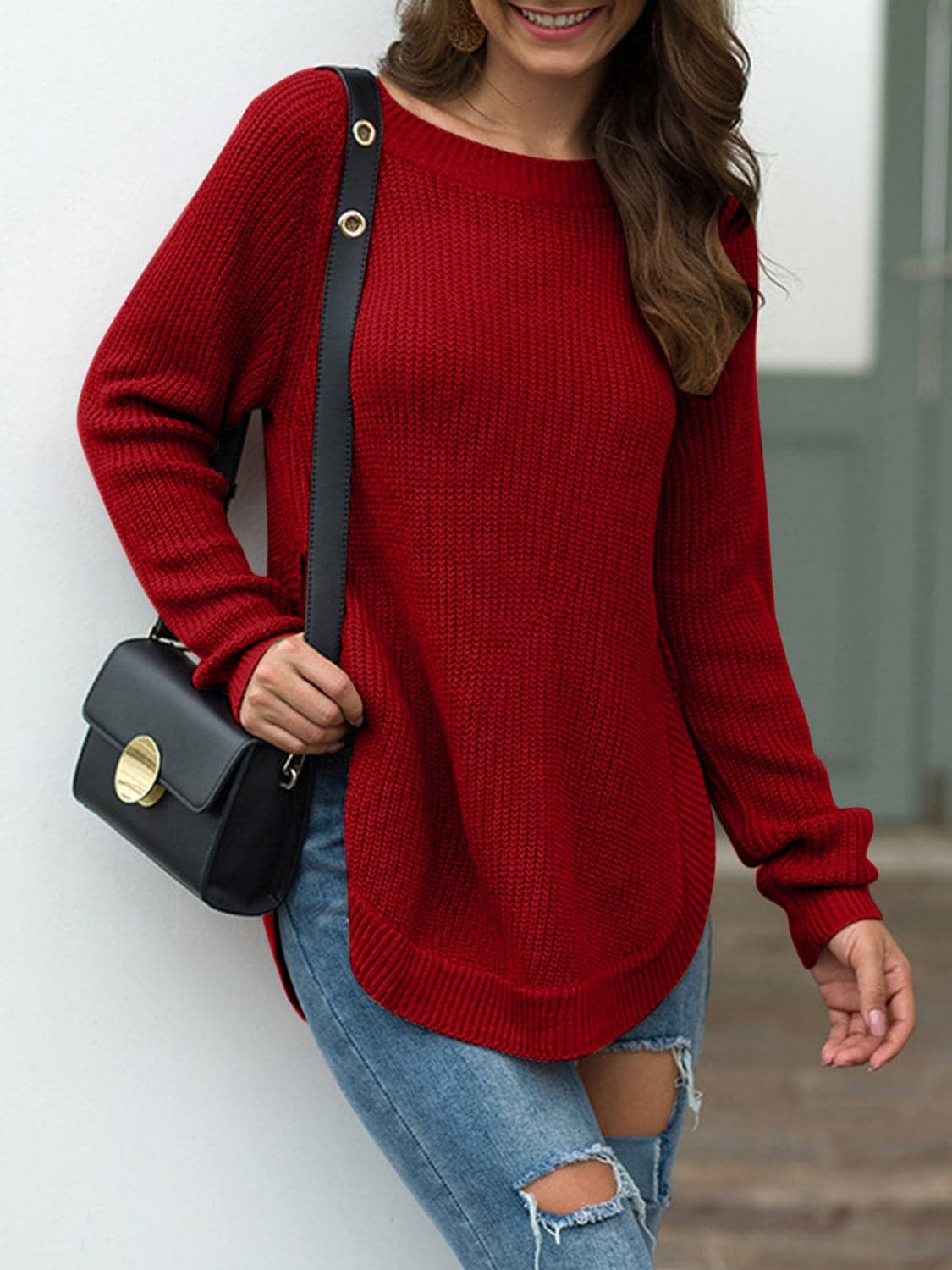 Slit Round Neck Long Sleeve Sweater.