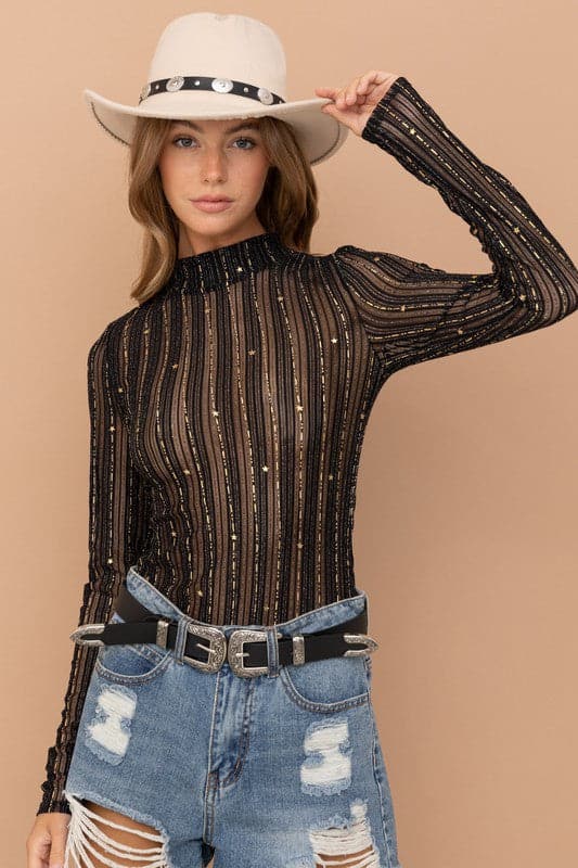 Metallic Star Stripe Mesh Mock Neck  Top.