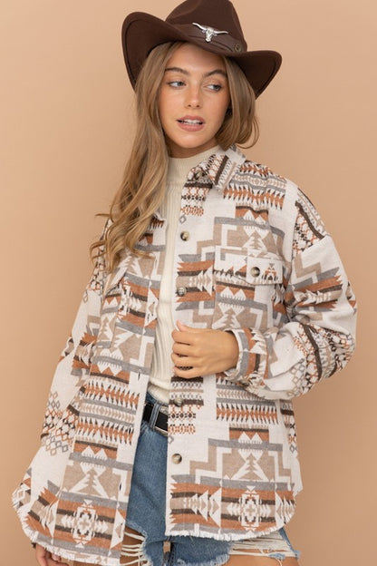 Boho Aztec Frayed Shacket