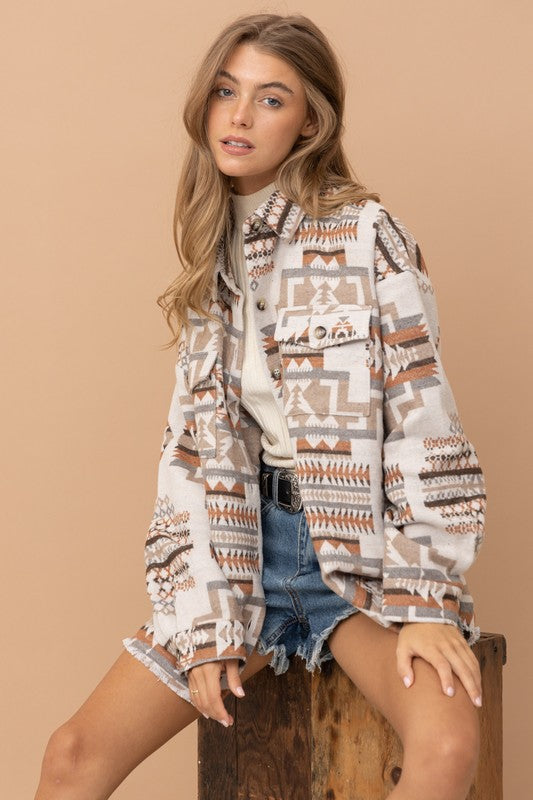 Boho Aztec Frayed Shacket