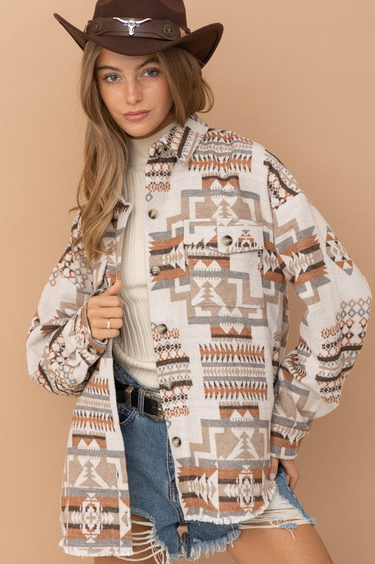 Boho Aztec Frayed Shacket