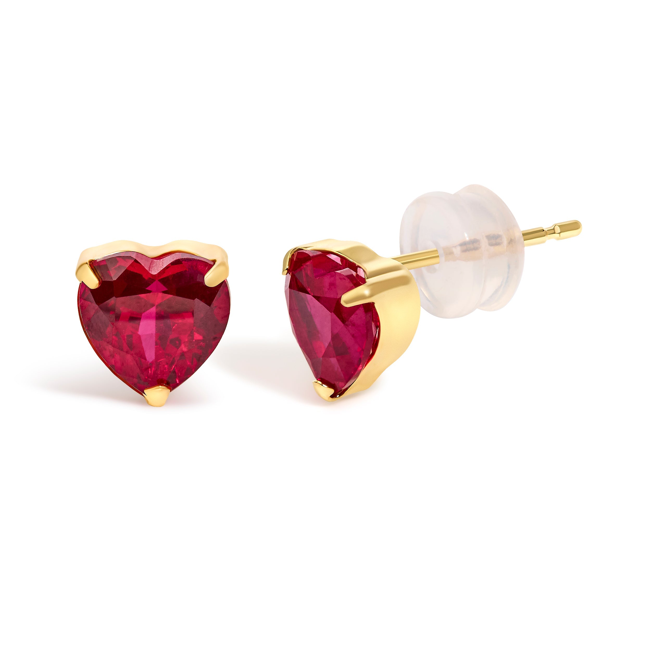 18K Yellow Gold 6x6 MM Created Red Ruby Heart Solitaire Stud Earrings