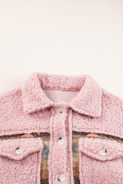 Cozy pink Aztec print sherpa coat with flap pockets