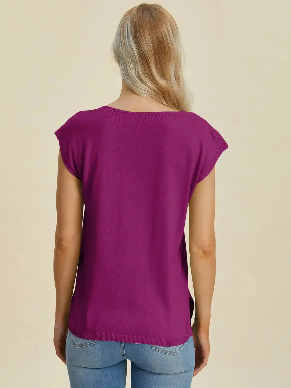 Double Take Full Size Notched Cap Sleeve Knit Top - Love Salve