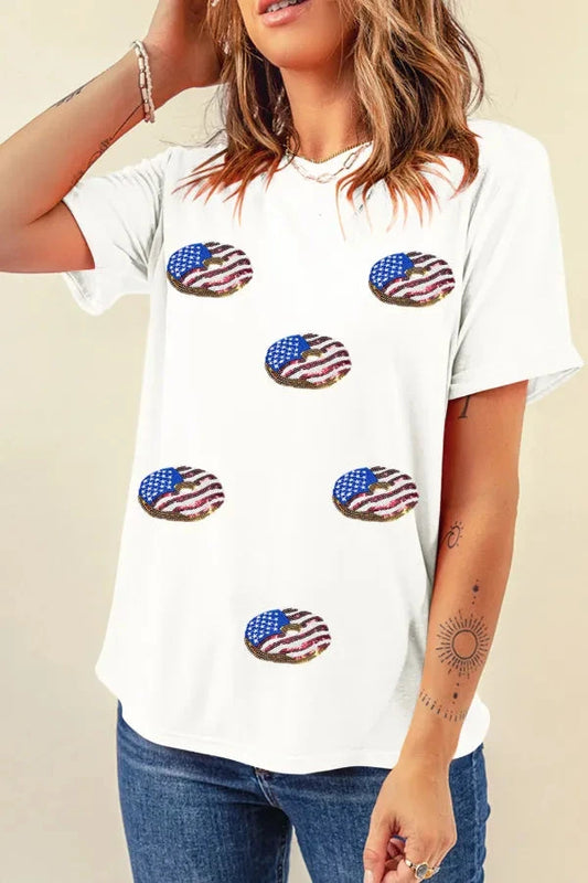 Sequined Flag Round Neck Short Sleeve T Shirt Simply Love