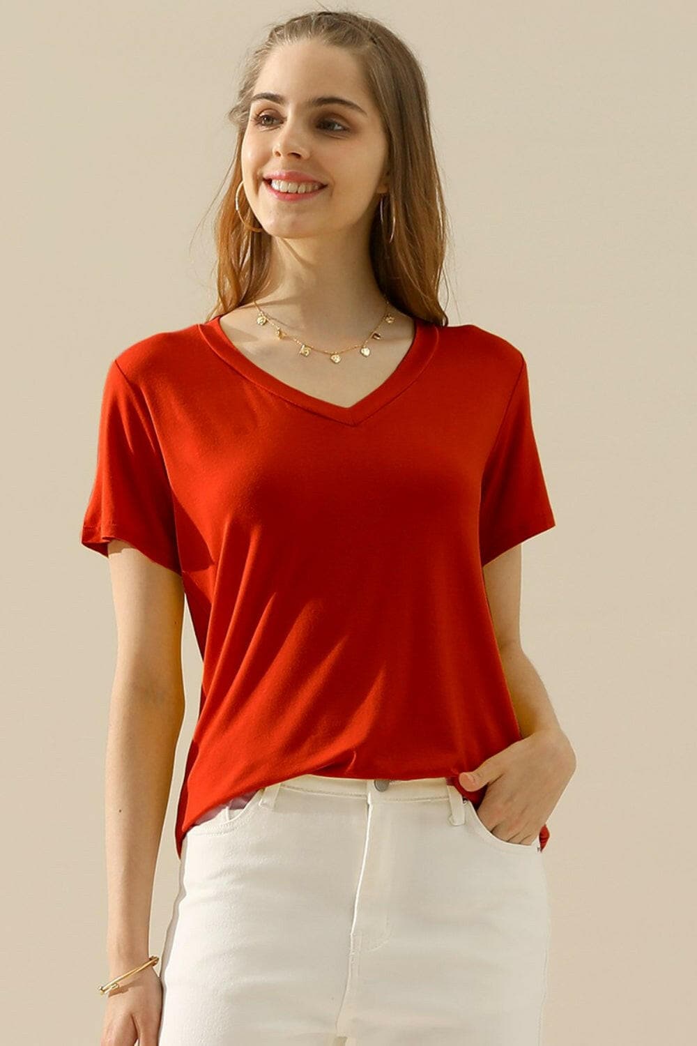 Ninexis Full Size V-Neck Short Sleeve T-Shirt.