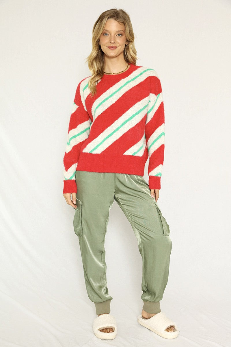 Fuzzy Candy Cane Sweater Miss Sparkling