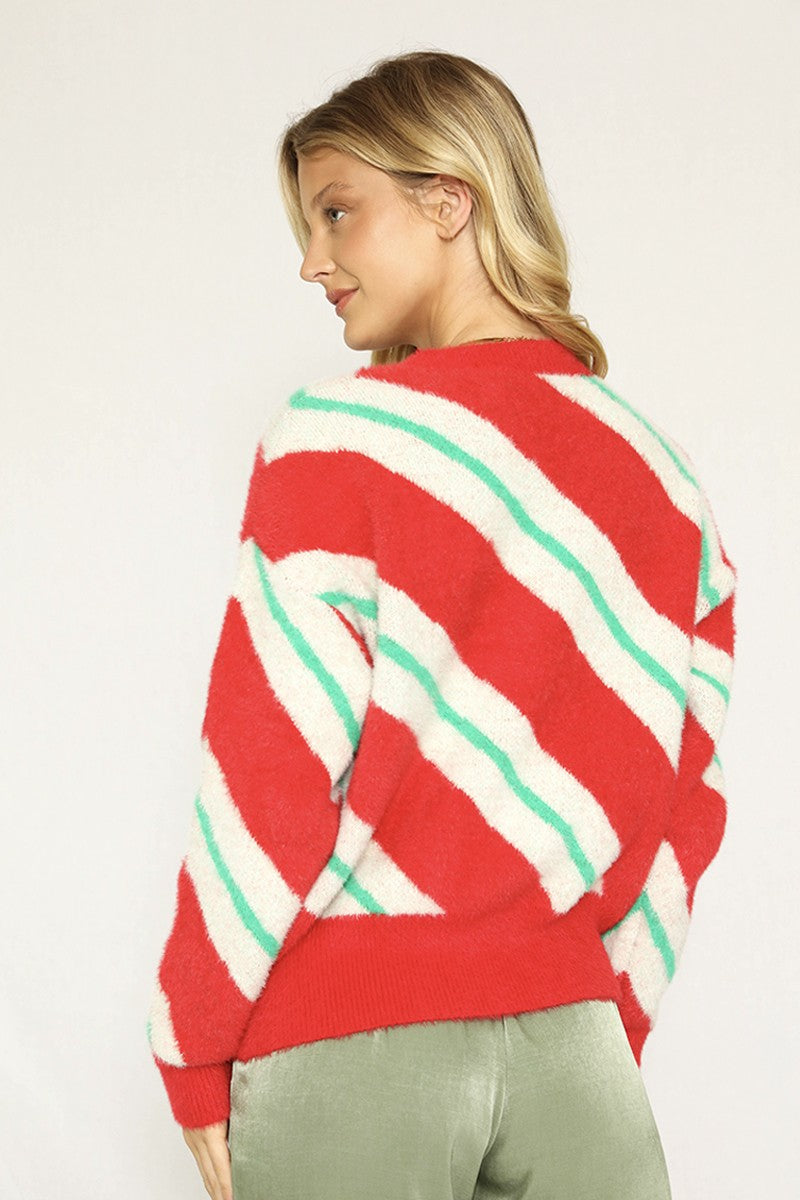 Fuzzy Candy Cane Sweater Miss Sparkling