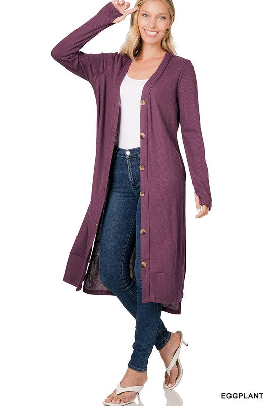 Elegant ribbed long cardigan with hi-low hem