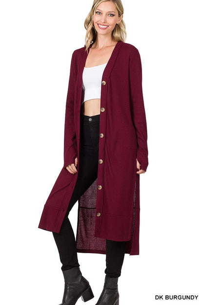 Elegant ribbed long cardigan with hi-low hem