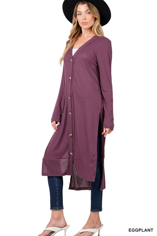 Elegant ribbed long cardigan with hi-low hem