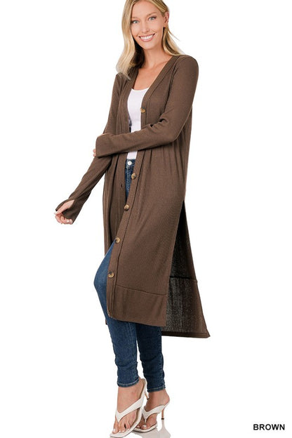 Elegant ribbed long cardigan with hi-low hem