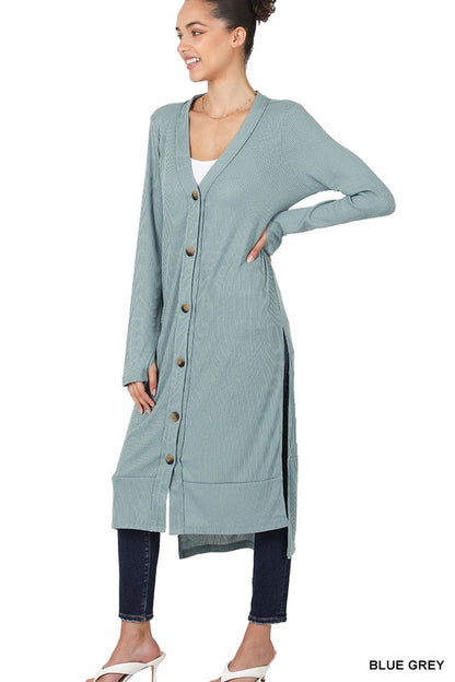 Elegant ribbed long cardigan with hi-low hem