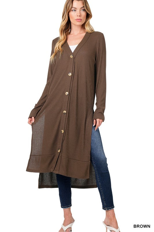 Elegant ribbed long cardigan with hi-low hem