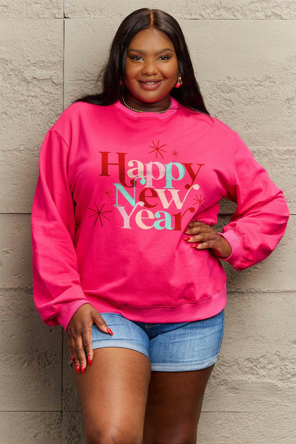 Simply Love Full Size HAPPY NEW YEAR Round Neck Sweatshirt.