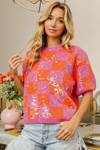 Sparkling checkered sequin sweater with short sleeves