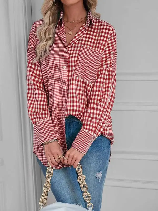 Plaid Button Up Shirt With Front Pocket Long Sleeve Loose Fit Miss Sparkling