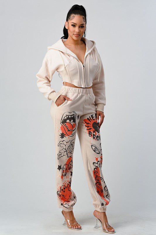ATHINA CASUAL JACKET AND GRAPHIC PANTS SET Coco’s Tee Boutique