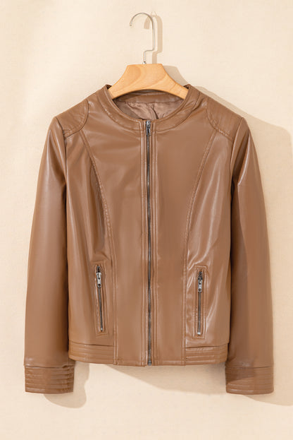 Chic chestnut faux leather bomber jacket with zipper details