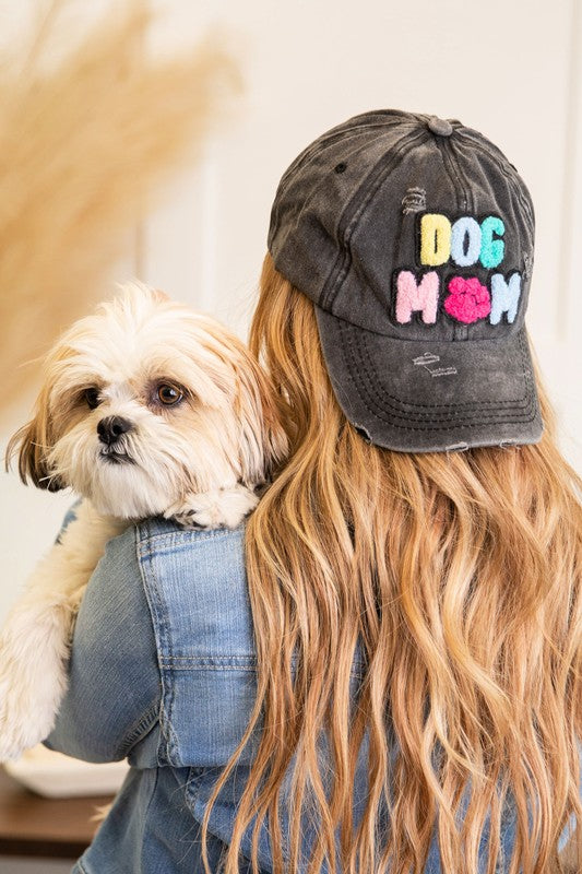 Dog Mom Chenille Patch Distressed Hat Cap Coco’s Tee Boutique
