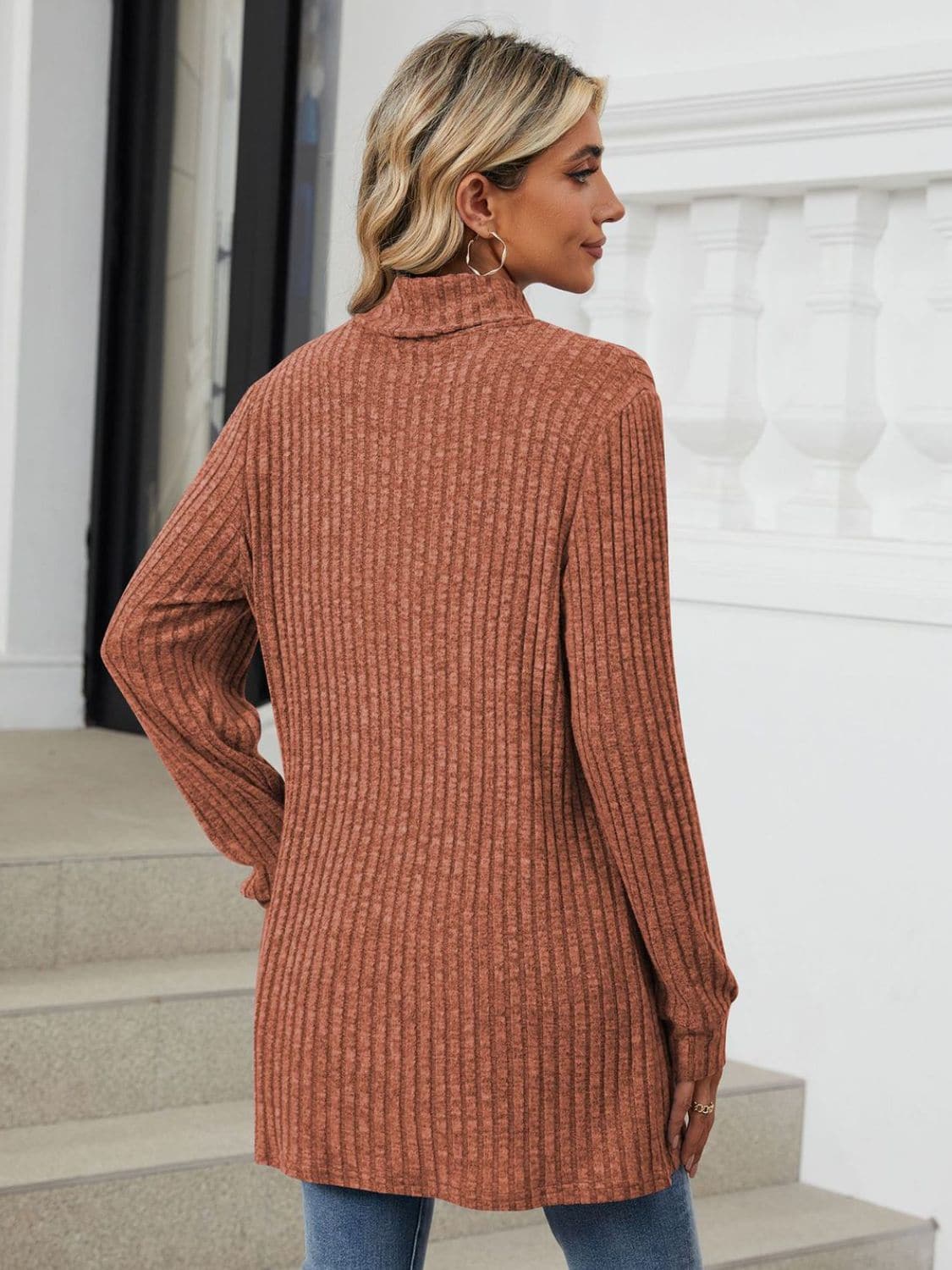 Ribbed Mock Neck Long Sleeve T-Shirt.