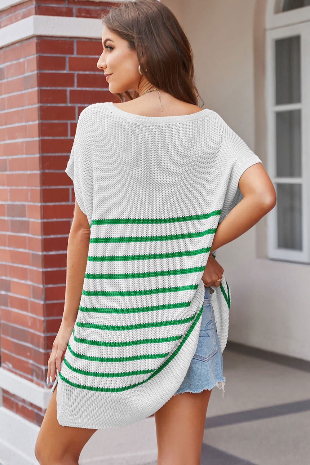 Striped V-Neck Short Sleeve Knit Top.