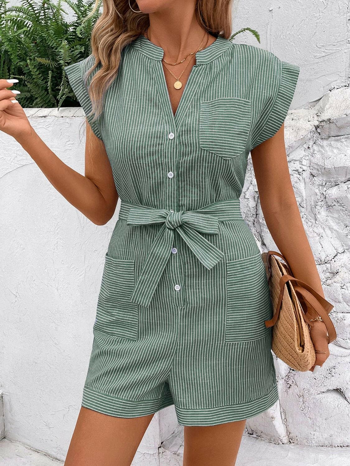 Striped Notched Tie Waist Romper.