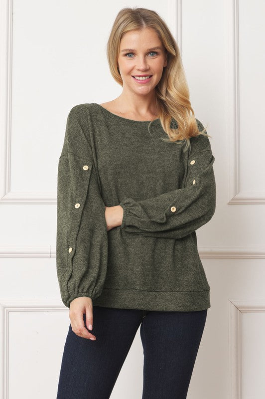 Stylish drop shoulder top with button sleeve accents