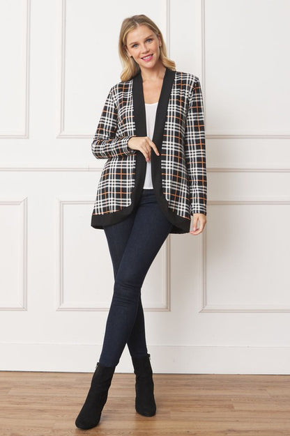 Plaid drape open cardigan with contrast detailing