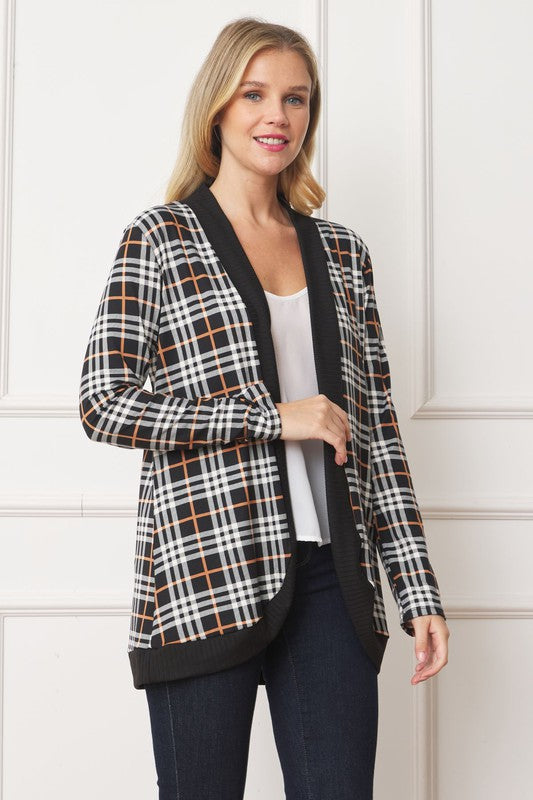 Plaid open cardigan with contrast