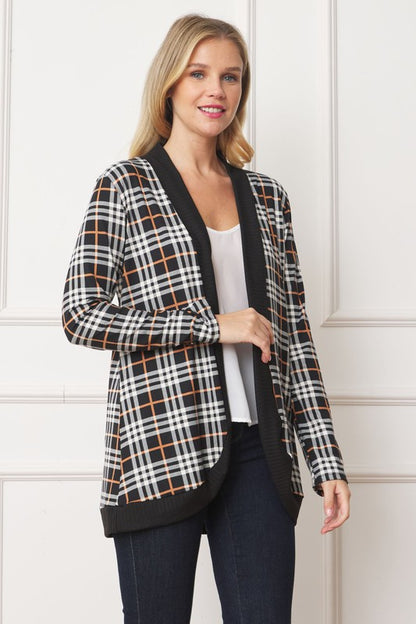 Plaid open cardigan with contrast