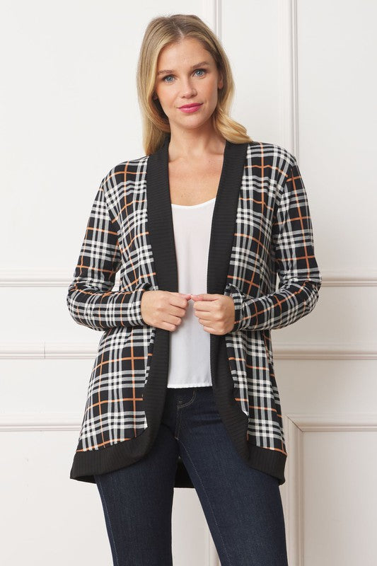 Plaid open cardigan with contrast